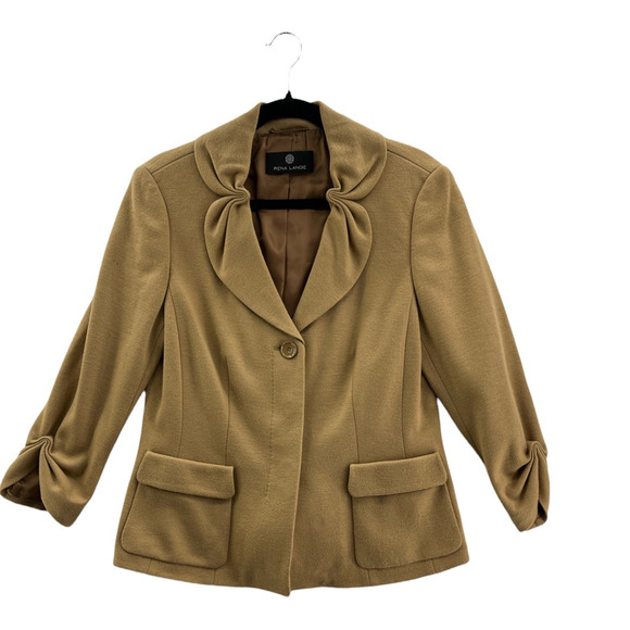 Rena Lange Womens Suit Jacket Blazer Camel 100% Wool Ruched Collar Pockets 12 - Picture 1 of 11